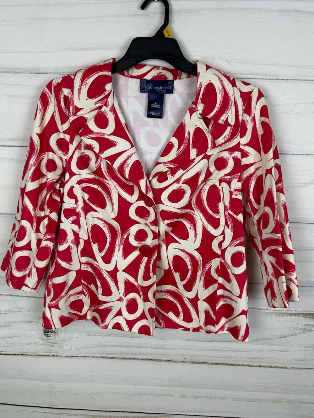 Susan Graver Style Red and White Abstract Print Blazer Size M